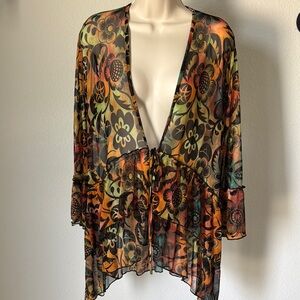 Vintage Zadie B's Y2k 70s Sheer Flare Sleeve Tie Front Floral Top